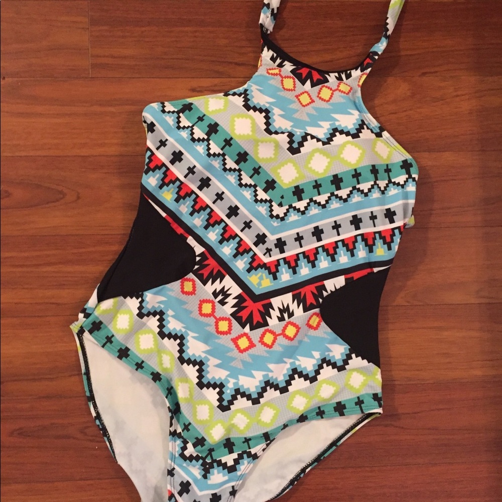 High neck Aztec geometric pattern swimsuit